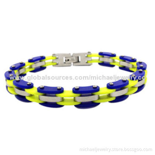 Stainless Steel Bracelets with Dark Blue and Sharp Green Rubber, Healthy and Fashionable
